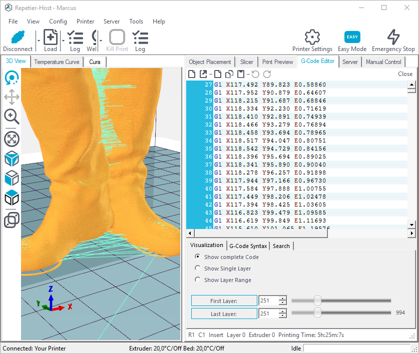 G-code editor showing single layer